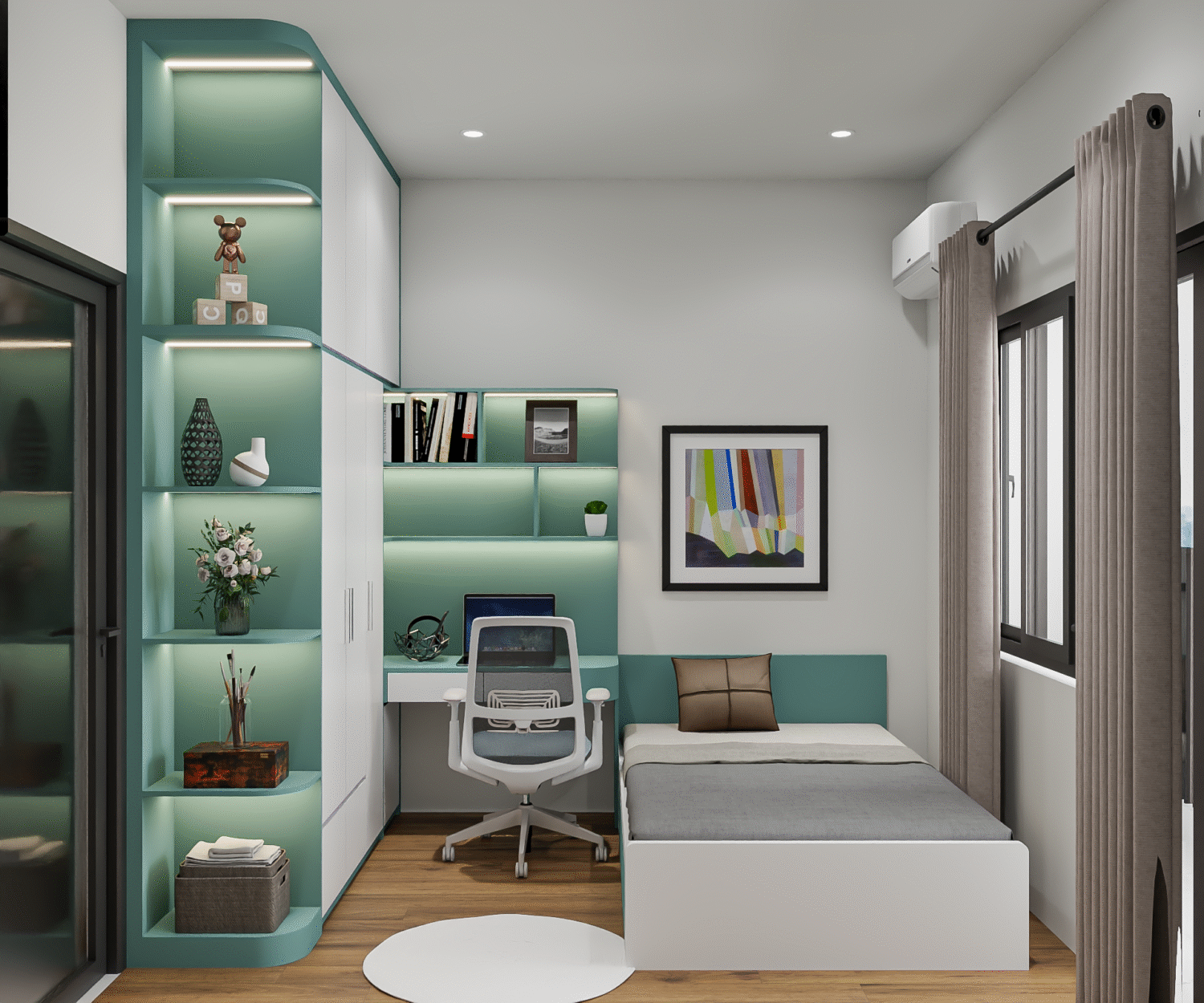 a room with a bed and shelves