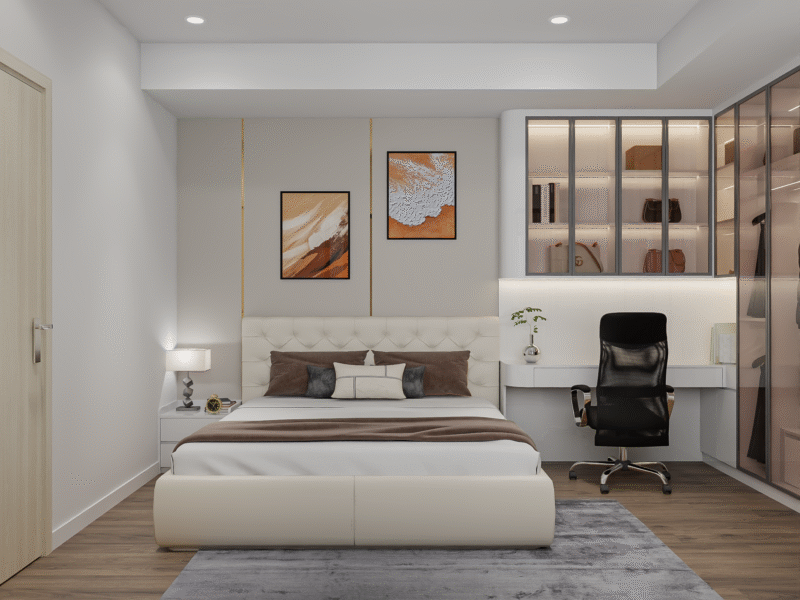 Thiết kế theo tone màu hiện đại, tối giản sử dụng gam màu be tạo nên sự thông thoáng cho không gian ngủ 