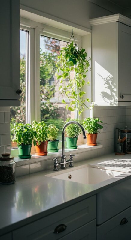 Mệnh Thủy nên đặt cây gì trong phòng bếp để khử mùi và tăng sinh khí? Vị trí đặt cây xanh gần cửa sổ phòng bếp