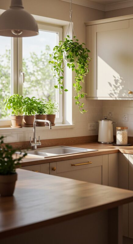 Mệnh Thủy nên đặt cây gì trong phòng bếp để khử mùi và tăng sinh khí? Phòng bếp hiện đại bố trí cây phong thủy tạo cảm giác dễ chịu