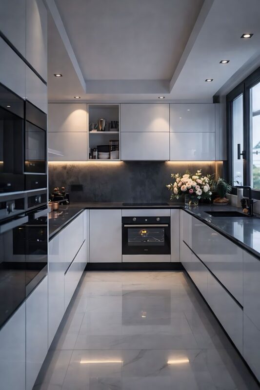 Nên làm tủ bếp nhựa hay gỗ công nghiệp? So sánh chi tiết 2 loại Cánh tủ bếp Acrylic bóng gương trong không gian bếp