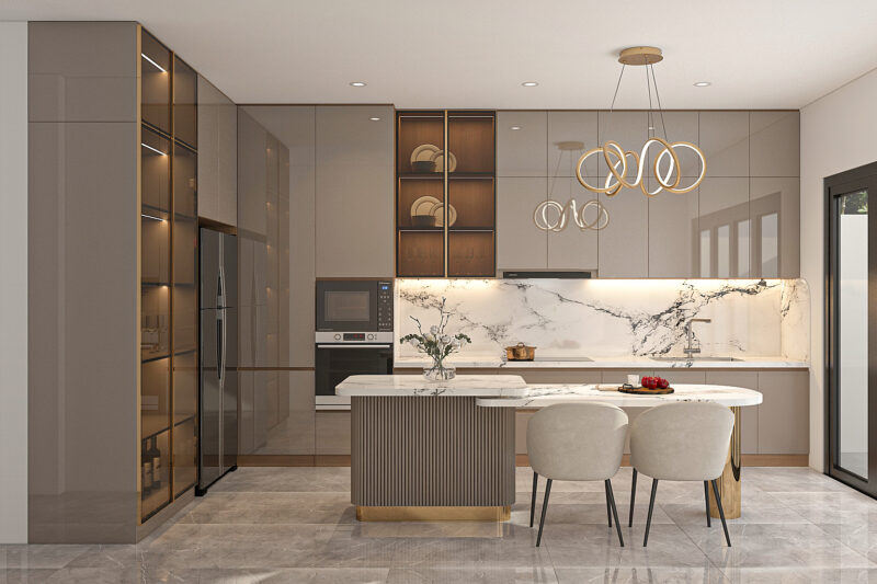 Có nên làm tủ bếp cao kịch trần không? Ưu điểm và nhược điểm của nó Hệ tủ bếp chung cư hiện đại khung nhôm kính