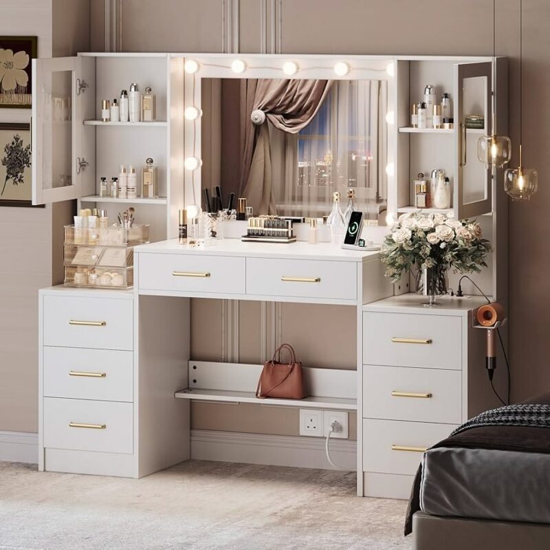 Các mẫu bàn trang điểm màu trắng có đèn tại Nội thất Hoàng Sơn Bàn trang điểm màu trắng có đèn