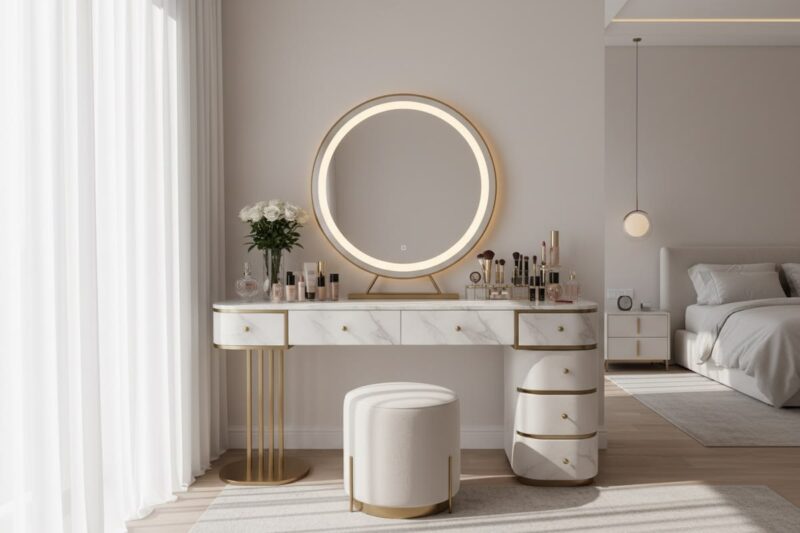 Các mẫu bàn trang điểm màu trắng có đèn tại Nội thất Hoàng Sơn Bàn trang điểm màu trắng có đèn