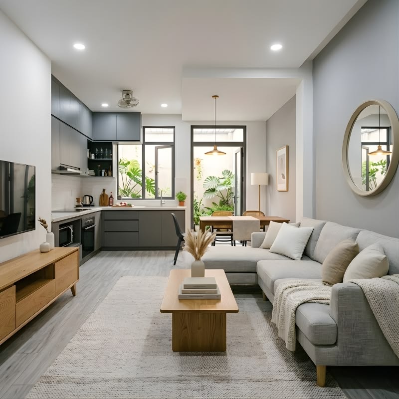 Phòng khách liên thông phòng bếp 