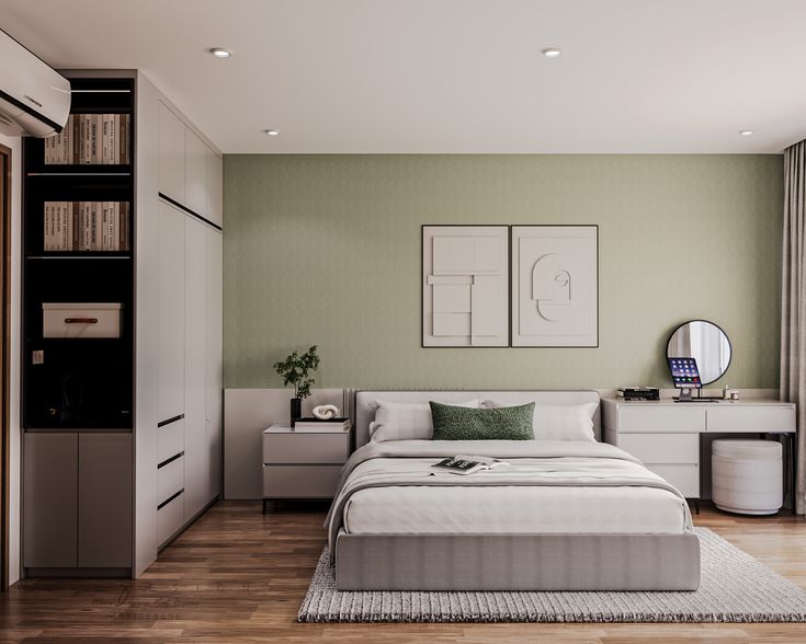 Xanh olive phối gỗ tự nhiên