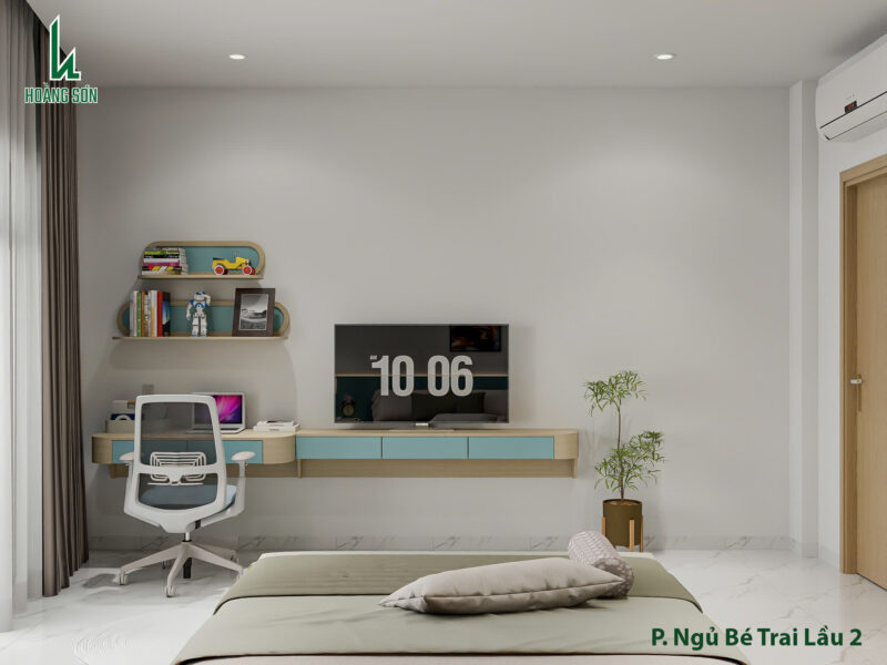Thiết kế phòng ngủ cho bé trai nhà chú Kế, Tân Bình TP.HCM Kệ tivi tích hợp bàn học tiện nghi, khoa học