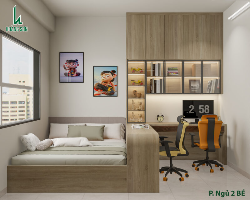 Bàn giao dự án thiết kế nội thất nhà nguyên căn cho nhà chị Thông quận 10, TP.HCM Phòng ngủ được thiết kế cho 2 bé tối giản và hiện đại