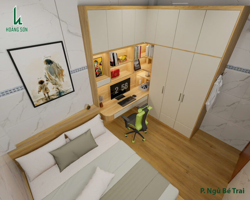 Dự án thiết kế phòng ngủ cho nhà chị Khanh quận 12, TP.HCM Bàn học và kệ trang trí – tối ưu công năng