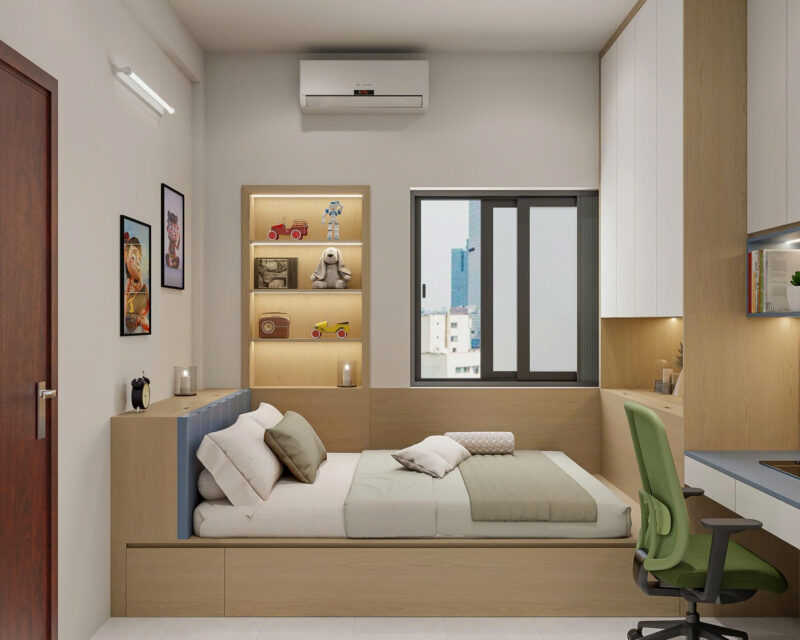 Hệ giường ngủ kết kết hợp kệ trang trí